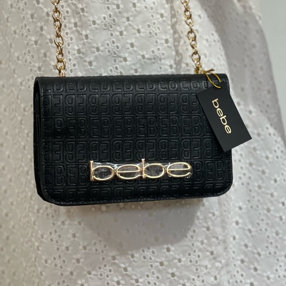 Bebe Womens shoulder strap bag Logo black Gold embossed celia Crossbody bag - Picture 3 of 13